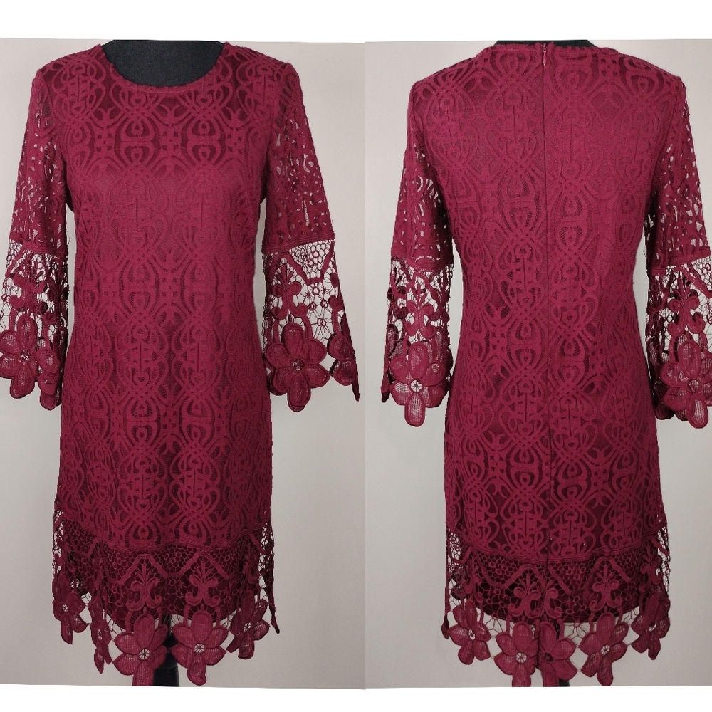 J. Gee Floral Eyelet Lace Overlay Midi Dress in Burgundy